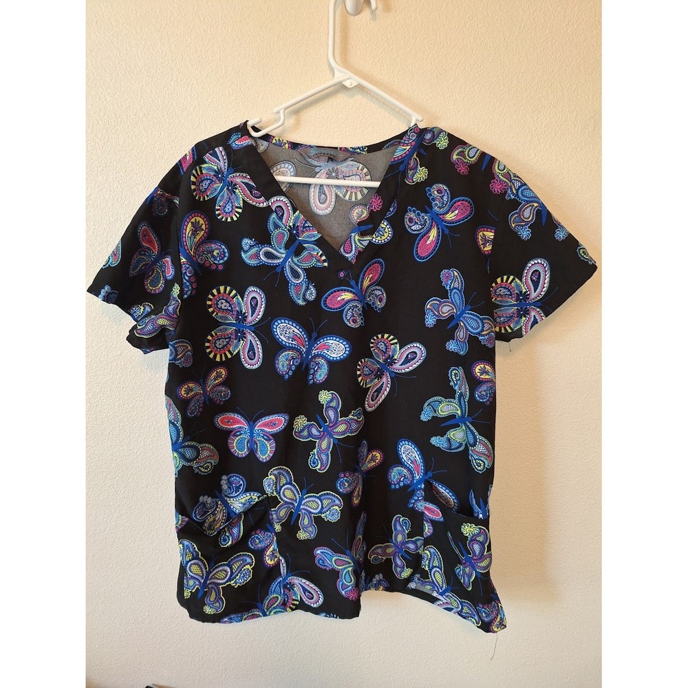 Serene Uniforms Butterfly Paisley Scrub Top V-Neck Black Blue Pink Large